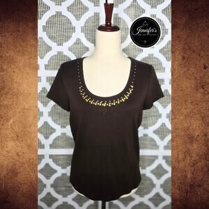 3/$30 St. John's Bay Petite Brown Beaded Sequin Stud Casual Knit Top Size Medium